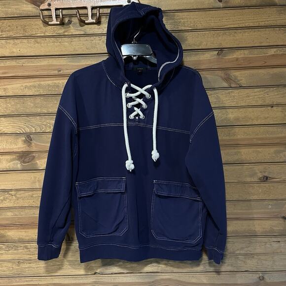 J Crew Lace-up Navy Blue Hoodie Pockets Size M Layers Boho Warm Nautical Beachy - Picture 4 of 13